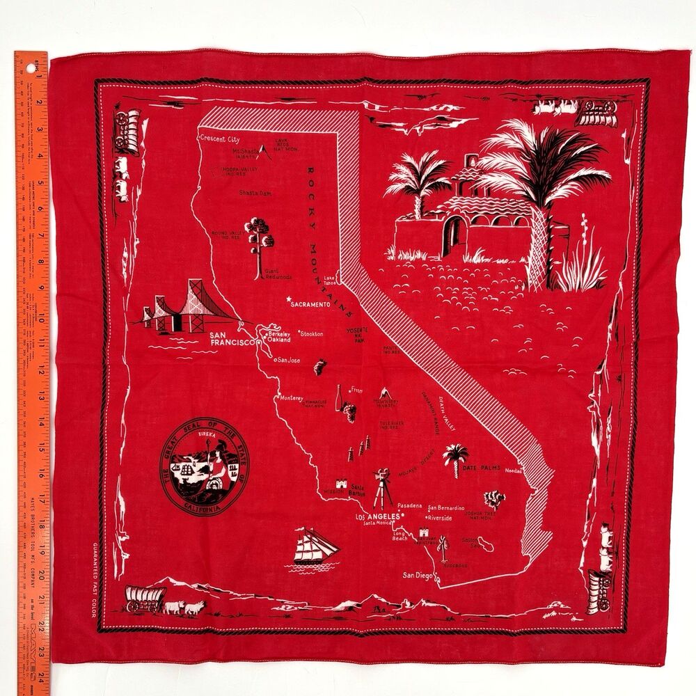 California Tourist Red Bandana State Map Mid Century 23" Square VTG Rockabilly